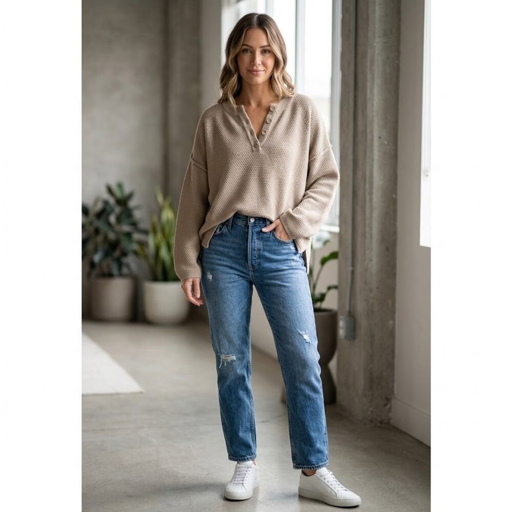 Mod Ref Catalina Waffle Knit Tan Henley Sweater Oversized Women's Size L - Picture 1 of 7